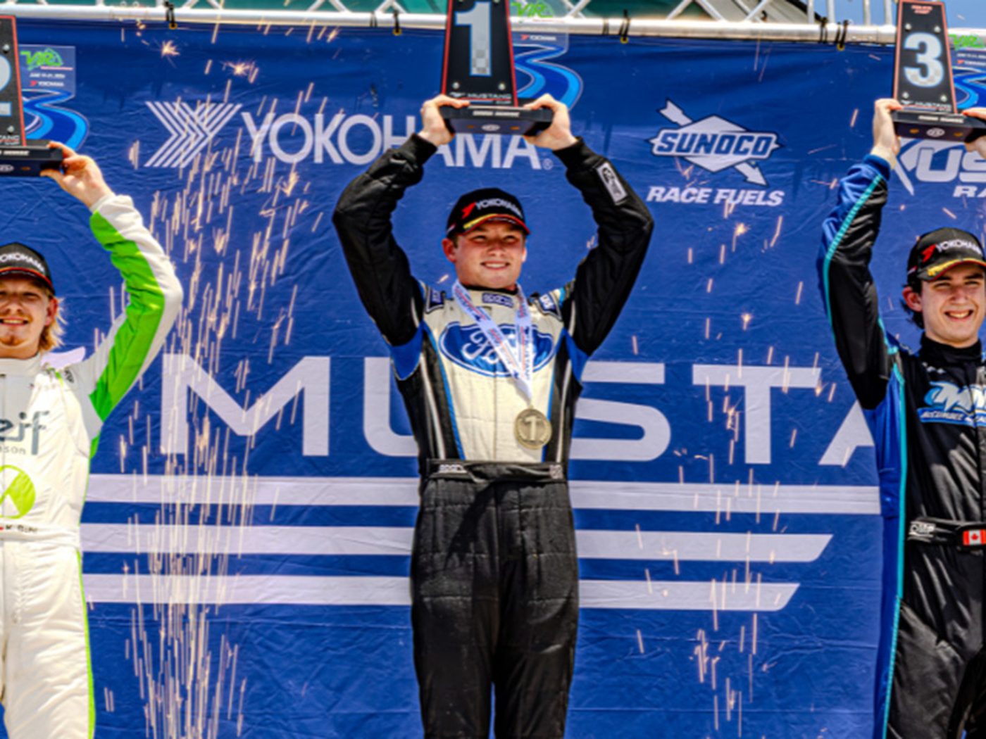 Mustang Cup VIR weekend podium: Logan Adams, Kale Buhl, and third-place finisher